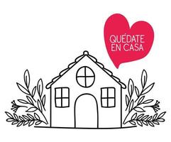 Quedate en casa text with house heart and leaves vector design