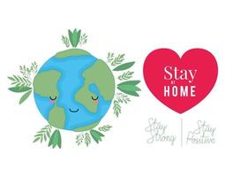 kawaii world cartoon and stay at home strong and positive text vector design