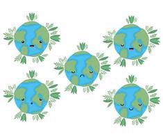 set of kawaii world spheres cartoons with leaves vector design