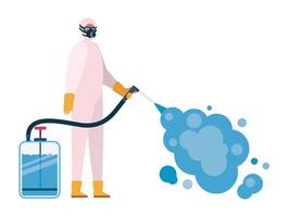 Man with protective suit holding pulverizer spray bottle with smoke vector design