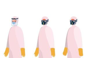 Men with protective suits masks glasses gloves and boots vector design