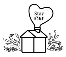 Stay at home text and house with heart and leaves vector design