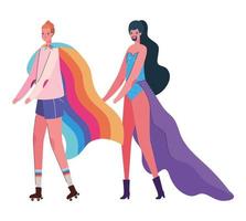 Woman and man cartoon with costume and lgtbi flag vector design