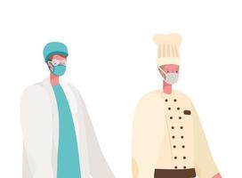 Médico y chef masculino aislado con diseño vectorial de máscaras vector