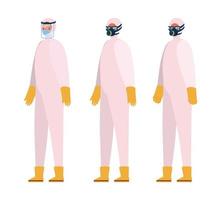 Men with protective suits masks glasses gloves and boots vector design