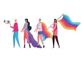 Dibujos animados de mujeres y hombres con disfraces y diseño de vectores de banderas lgtbi