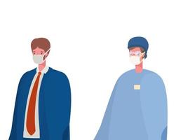 Isolated male doctor and businessman with masks vector design