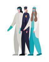 Police woman and doctors with protective suit and mask vector design