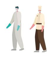 Chef hombre y médico con traje protector y diseño de vector de máscara