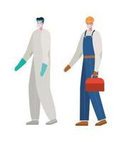 constructer man and doctor with protective suit and mask vector design