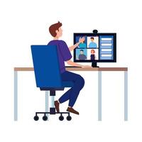 Man in a video conference in the workplace vector