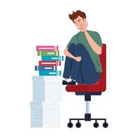 Nervous man sitting on a chair with a lot of work to do vector