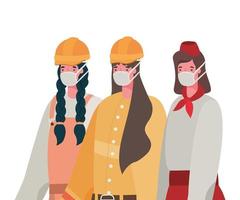 Constructores femeninos y camarera con diseño vectorial de máscaras vector