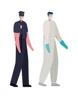 Policía y médico con traje protector y diseño de vector de máscara