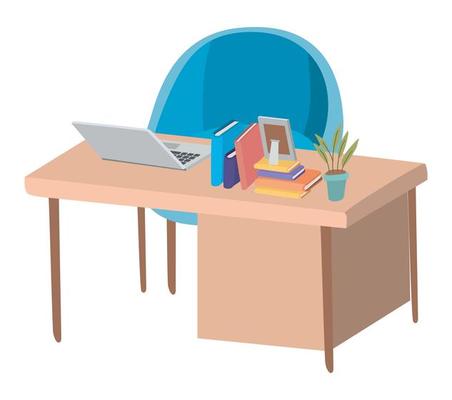 Desk with laptop and blue chair vector design