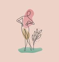 Línea cuerpo de mujer con una planta y brazos sobre fondo rosa vector