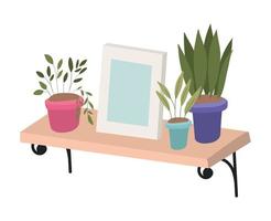 Wood shelf with plants inside pots and frame vector design