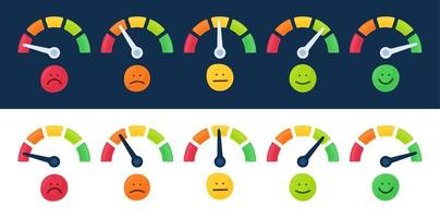 Speedometer, tachometer icon collection. Colour speedometer set. Scale from red to green performance measurement. Rating satisfaction concept with emotions vector illustration