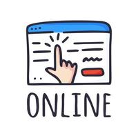 Buying an online concept. The browser window and the hand that presses the button and makes an order on the internet. Vector illustration hand-drawn in doodle style