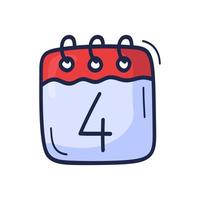 The calendar icon with the number of July 4 is drawn by hand in cartoon style. Vector illustration for Independence Day in the United States