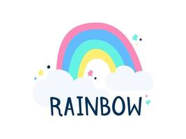 Rainbow and clouds vector on a white background. Object isolated illustration. Doodle style. Cloth design, wallpaper, wrapping, textiles, paper, cards, invitations