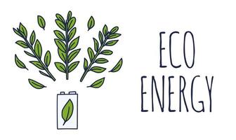 Eco energy or green power illustration with a white battery and sprigs leaves on a white background in doodle style. Vector illustration