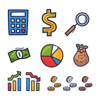 iconos de inversión financiera dibujados a mano. conjunto de iconos de dinero y monedas. concepto financiero y empresarial. invertir capital en negocios. vector