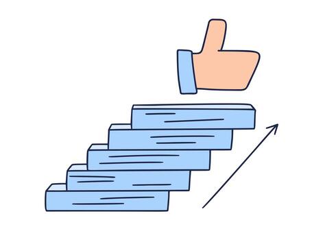 Steps up to the like. Vector Doodle illustration drawn by hand with steps or stairs on top of which is an icon of the thumbs-up. The path to success and achieving goals. Vector illustration