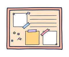 Hand drawn doodle illustration of pin board, needles, and empty note papers vector