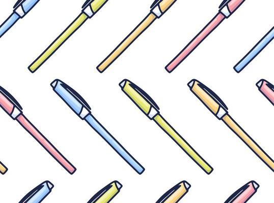 Colorful pens pattern in cartoon style. Seamless texture with pens. Doodle vector elements. Back to school background. Hand drawn sketch.