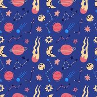 Space vector seamless pattern of planets, orbits, flying saucer, stars. Cartoon flat style cosmos background. Vector illustration. Cartoon icons.