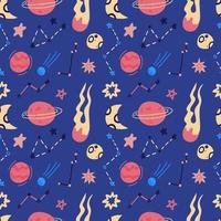 Space vector seamless pattern of planets, orbits, flying saucer, stars. Cartoon flat style cosmos background. Vector illustration. Cartoon icons.