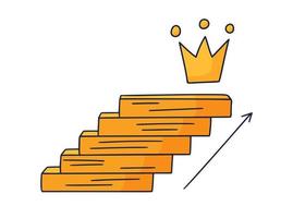 pasos hasta la corona. Ilustración de vector doodle dibujado a mano con escalones o escaleras encima del cual hay un icono de la corona. el camino hacia el éxito y el logro de metas