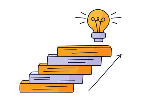 Steps up to the bulb. Vector Doodle illustration drawn by hand with steps or stairs on top of which is an icon of the bulb idea. The path to success and achieving goals