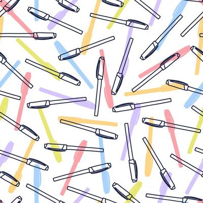 Colorful pens pattern in cartoon style. Seamless texture with pens. Doodle vector elements. Back to school background. Hand drawn sketch.