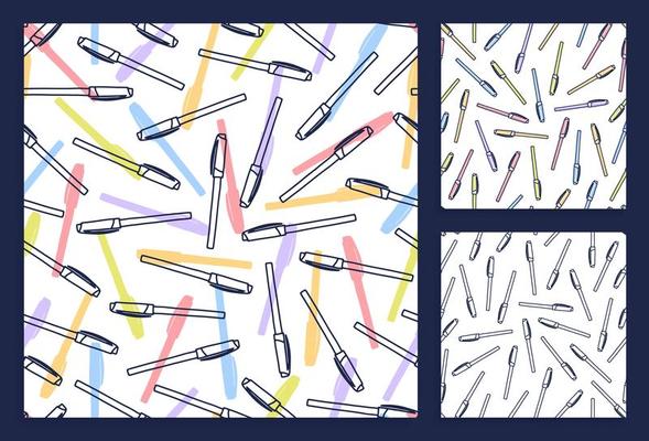 Colorful pens pattern set in cartoon style. Seamless texture with pens. Doodle vector elements. Back to school background. Hand drawn sketch.
