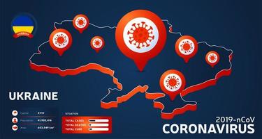 Mapa isométrico de Ucrania con la ilustración de vector de país resaltado sobre fondo oscuro. Estadísticas de coronavirus.