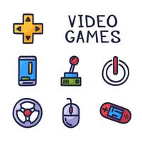 Set of doodle vector icons related to computer games. Joysticks, gaming controllers, computer and laptop. Electronic devices