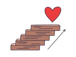 se acerca al corazón. Ilustración de vector doodle dibujado a mano con escalones o escaleras en la parte superior del cual hay un icono del corazón. el camino hacia el éxito y el logro de metas