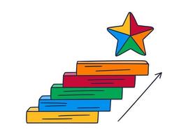 se acerca a la estrella. Ilustración de vector doodle dibujado a mano con escalones o escaleras encima de la cual hay un icono de la estrella. el camino hacia el éxito y el logro de metas