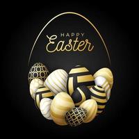 Luxury Happy Easter Card With Eggs. Many Beautiful Golden Realistic Eggs Are Laid Out in the Shape of a Large Egg. Vector Illustration for Easter on Black Background.