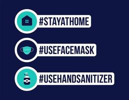 Prevention of COVID-19 all in one icon sticker vector illustration. Coronavirus protection badge with flat circle icon set. Stay at home, use face mask, use hand sanitizer