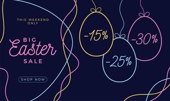 Easter egg sale horizontal banner. Easter card with hand draw eggs, colorful ornate eggs on dark modern background. Vector illustration. Place for your text