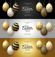 Luxury Easter egg sale horizontal banner set. Easter card with gold and white realistic eggs hang on a thread, golden ornate eggs on black modern background. Vector illustration. Place for your text