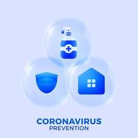 Prevention of COVID-19 all in one icon poster vector illustration. Coronavirus protection flyer with realistic glossy ball icon set. Stay at home, use face mask, use hand sanitizer
