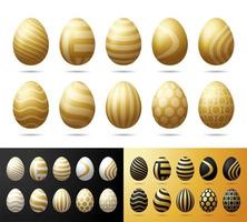 huevos de pascua de oro. huevos 3d realistas con adornos de oro negro, blanco y brillo aislado sobre fondo blanco. para tarjetas de felicitación, anuncios, promociones, carteles, folletos, banners web vector