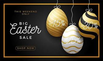 Luxury Easter Egg Sale Horizontal Banner. Golden Easter Frame Card With Realistic Eggs That Hang on a Thread, Gold Ornate Eggs on Black Modern Background. Vector Illustration