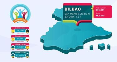 Mapa isométrico del país de españa etiquetado en el estadio de bilbao que se llevará a cabo partidos de fútbol ilustración vectorial. Infografía de la etapa final del torneo de fútbol 2020 e información del país. vector