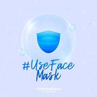 Mascarilla de uso futurista durante el concepto de brote de coronavirus. concepto de prevención de la enfermedad covid-19 con células de virus, bola realista brillante sobre fondo azul vector