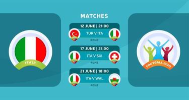 Schedule of matches of the Italy national team in the final stage at the European Football Championship 2020. Vector illustration with the official gravel of football matches.